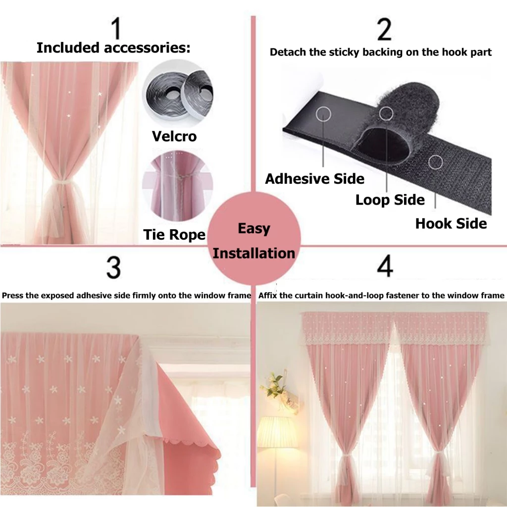 Full Blackout Bedroom Hollow Star Curtain Velcro Adhesive No Perforation Installation langsir
