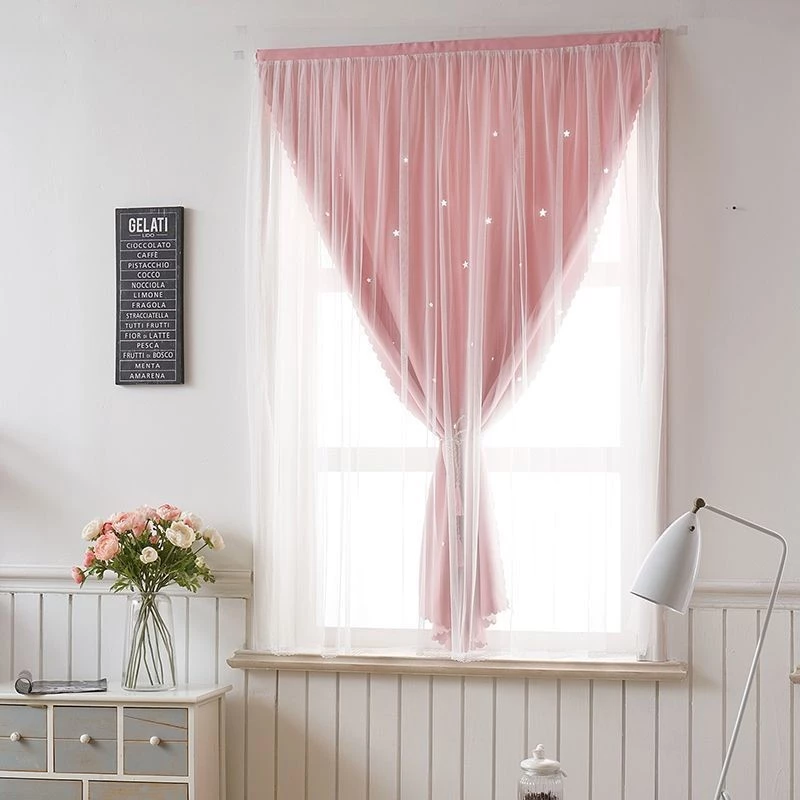 Full Blackout Bedroom Hollow Star Curtain Velcro Adhesive No Perforation Installation langsir